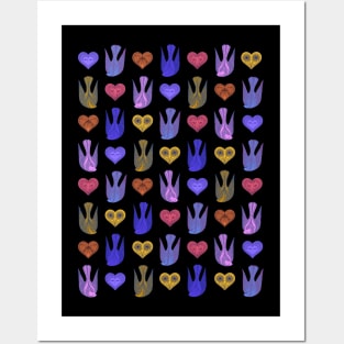 Lovely love birds with hearts pattern on black background Posters and Art